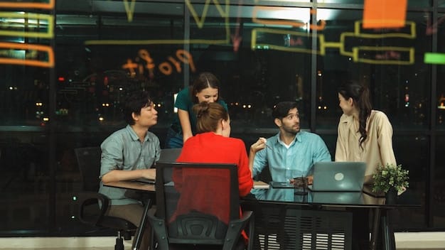 A group of entrepreneurs in a co-working space in Dhaka, Bangladesh, discussing business strategies and innovative ideas, reflecting the collaborative environment fostered by the new industrial policies.