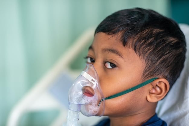 A doctor examining a child with respiratory problems in a crowded hospital in Dhaka, Bangladesh. The image should convey the health impact of air pollution on vulnerable populations.