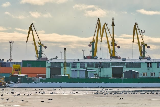 A busy scene at Chittagong Port, with numerous cargo ships loading and unloading containers, cranes in operation, and workers bustling around, highlighting the significance of maritime transport in Bangladesh's import and export activities.