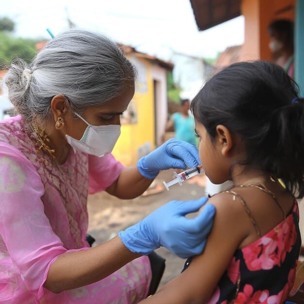 A doctor in a rural clinic in Bangladesh giving a child a vaccination, with the child's mother looking on gratefully. Behind them, a poster promotes the importance of immunization. The scene is simple but conveys the importance of basic healthcare in improving the health and well-being of the community.