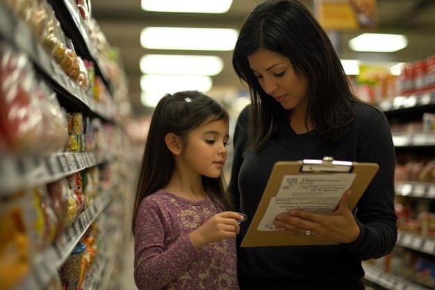 A family shopping for groceries in a supermarket in Bangladesh. The focus is on the price tags and the financial decisions the family is making, illustrating the impact of VAT on consumer spending.