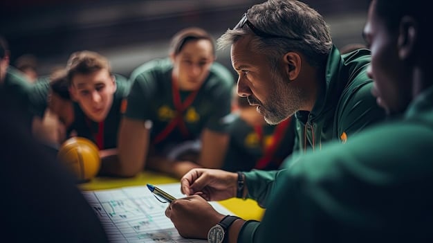 A focused close-up of a BPL coach strategizing with team players, capturing the meticulous planning and teamwork essential for success in the Bangladesh Premier League.