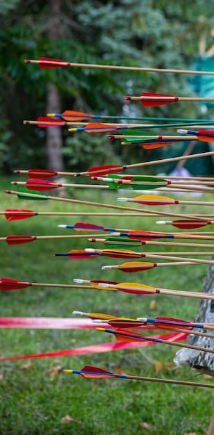 The Bangladesh archery team participating in an international competition. The archers are lined up, focused on their targets, with the national flag waving in the background. The image captures the intensity and competitive spirit of the event.