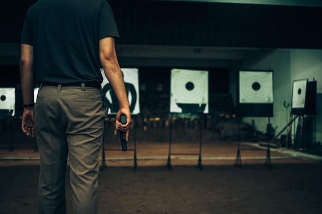 A medium shot of a focused pistol shooter participating in a competition, with emphasis on their stance, grip, and aiming technique. The background shows other shooters and competition officials, creating a competitive atmosphere.