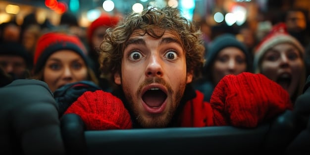 A close-up shot of a person's eyes wide with excitement as they watch a movie on the big screen in a cinema hall. The focus is on the immersive experience and the emotional impact of watching a film in a theater.
