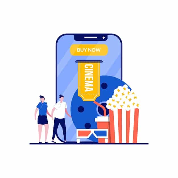A side-by-side comparison of a cinema ticket and an OTT platform subscription plan on a smartphone screen. The image highlights the cost differences and the value proposition of each option.