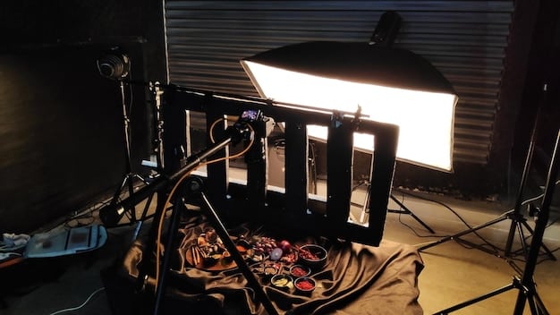 A detailed shot of a professional camera and lighting setup at a music video shoot in Bangladesh, highlighting the equipment's complexity and importance in achieving high-quality visuals.