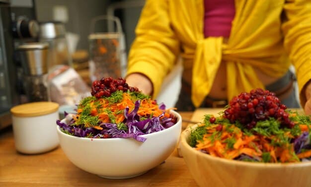 Close-up of a celebrity chef preparing a healthy, colorful salad in a modern kitchen, emphasizing fresh ingredients and mindful eating.