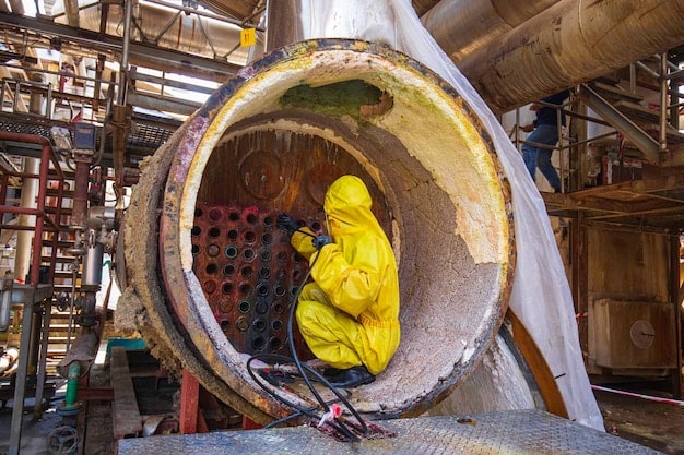 Close-up of a worker in a safety suit inspecting the reactor vessel of Rooppur Nuclear Power Plant, emphasizing safety protocols and equipment checks.