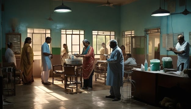 A modern, well-equipped rural health clinic in Bangladesh. There are several patients waiting to be seen by healthcare professionals, capturing the essence of improved healthcare accessibility in rural areas.