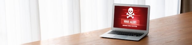 A laptop screen displaying a warning message from an antivirus software indicating that a malware threat has been detected and quarantined. The surrounding area shows various tech gadgets to emphasize the digital environment.