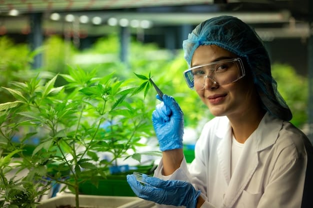 An image showing Bangladeshi scientists in a lab conducting research on improved crop varieties and sustainable farming techniques. High-tech equipment is visible, and the scientists are focused on their work. The image represents the future of agriculture in Bangladesh.